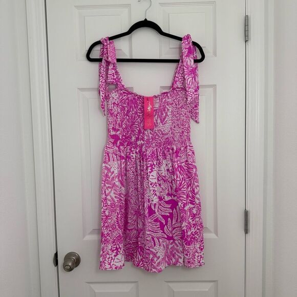 Lilly Pulitzer Rivera Dress Smocked Wild Fuchsia Medium - Picture 6 of 14